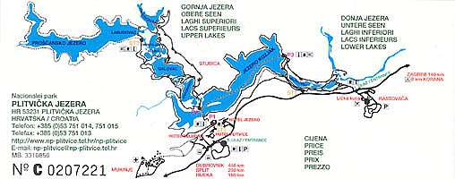 Plánek Plitvických jezer na vstupence