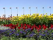 Květinové záhony a stožáry s maďarskou vlajkou