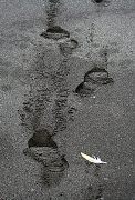 Stopy na pláži v černém sopečném písku.