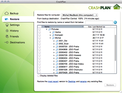 CrashPlan - obnova dat