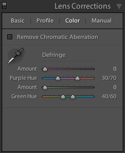 Paleta Lens Correction, záložka Color