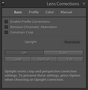 Záložka Basic palety Lens Corrections