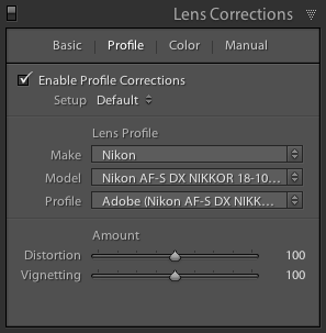 Záložka Profile palety Lens Corrections