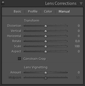 Záložka manuálních geometrických korekcí palety Lens Corrections