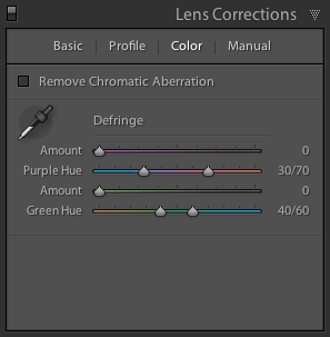 Záložka manuální korekce chromatické aberace palety Lens Corrections