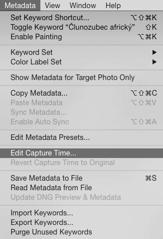 Menu Metadata, Edit Capture Time…