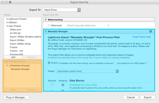 Plugin Metadata Wrangler v exportním dialogu