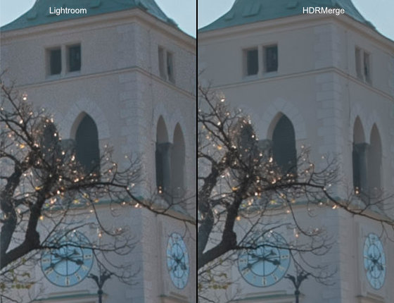 Srovnání šumu z Lightroom (vlevo) a HDRMerge (vpravo)