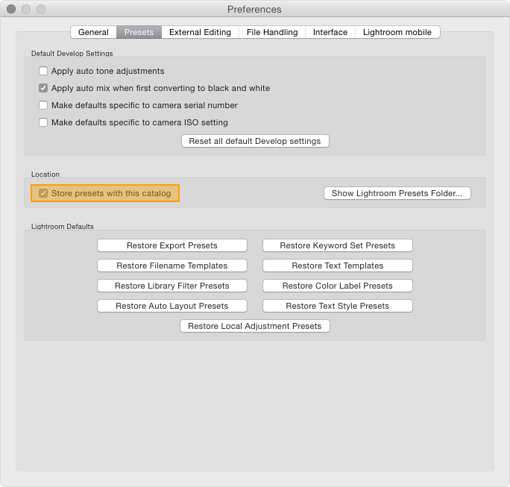 Ukládání předvoleb ke katalogu se zapíná v předvolbách Lightroom