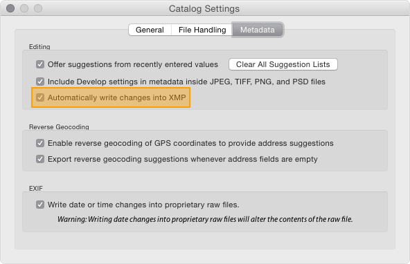 Vypnutí automatického zápisu metadat do XMP v předvolbách katalogu