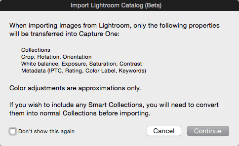 Informace před importem katalogu Lightroom