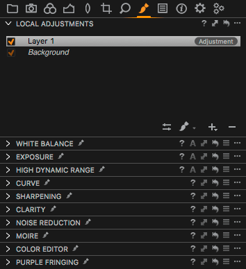 Záložka Local Adjustments se všemi nástroji