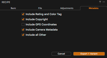 Záložka Metada sekce Recipe exportního dialogu
