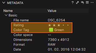 Hodnocení a barevné štítky v paletě Metadata