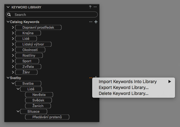 Menu knihovny klíčových slov