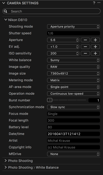 Nástroj Camera Settings