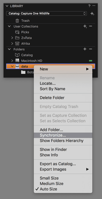 Funkce Synchronize v kontextovém menu složky