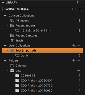 Importované sbírky v nástroj Library