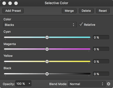 Nastavení vrstvy úprav selektivní barva (Selective Color)