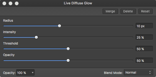 Nastavení filtru difuzní rozostření (Diffuse Glow)