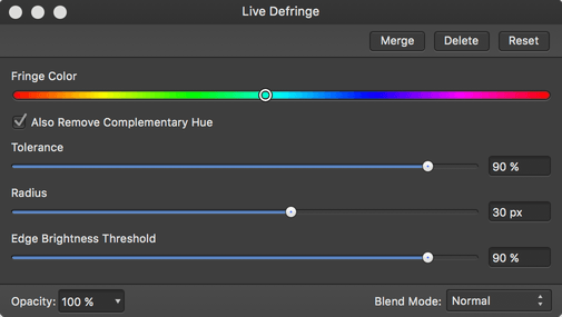 Nastavení filtru odstranění barevných kontur (Defringe)