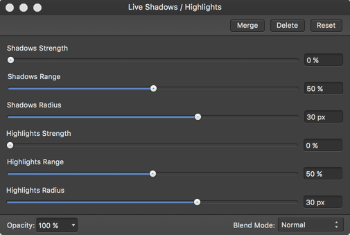 Nastavení filtru redukce stíny a světla (Shadows / Highlights)