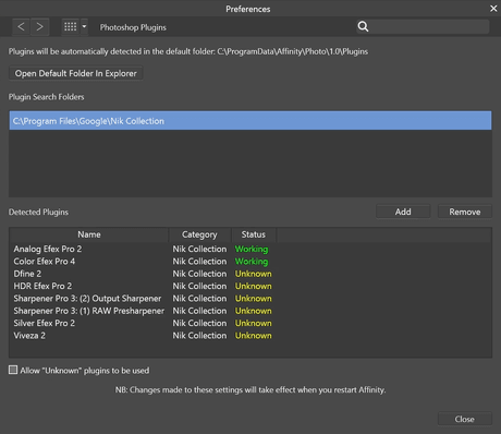 Nastavení pluginů pro Photoshop v Affinity Photo pro Windows