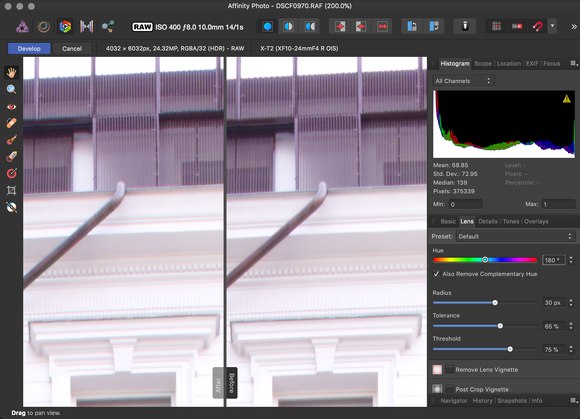 Srovnání výsledku nástrojů Defringe a Chromatic Aberration Reduction