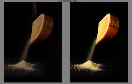 Sýr - zpracování v Adobe Lightroom - výchozí a koncový stav