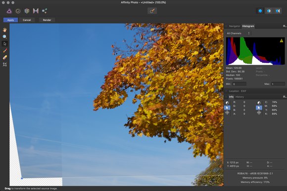 Náhled složení panoramatu při aktivním nástroji Transform Source Image Tool 