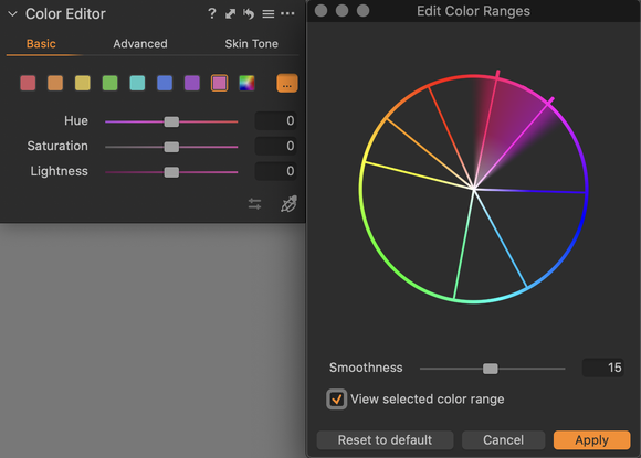 Dialog Editor Color Ranges umožňuje upravit rozsahy, které reprezentují jednotlivá tlačítka barev ná