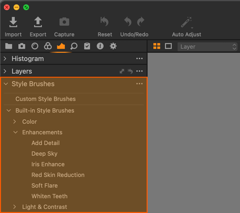 Paletu Style Brushes najdete v záložce Exposure postranního panelu nástrojů