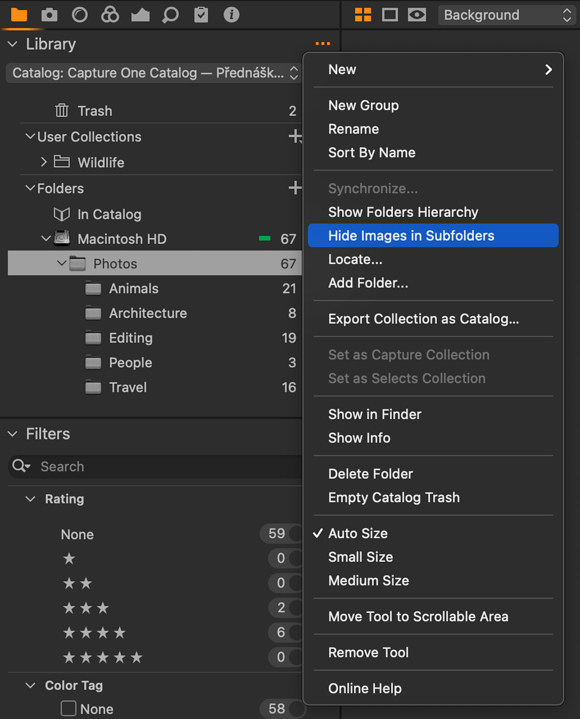 Volby Hide Images in Subfolders v menu nástroje Library