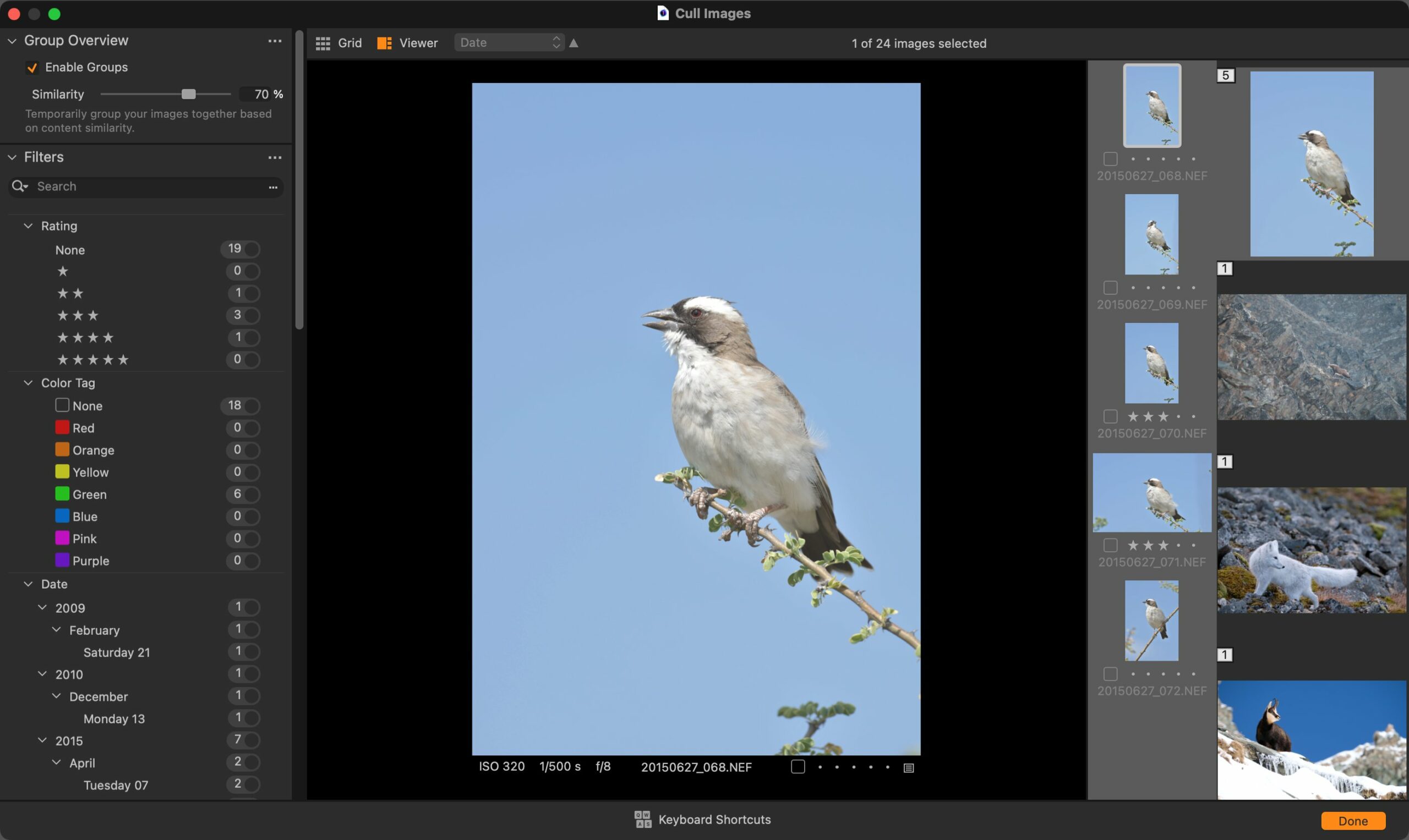Nové okno Cull Images nabízí všechny funkce pro výběr fotografií, jako importní dialog – včetně automatického seskupování a filtrování.
