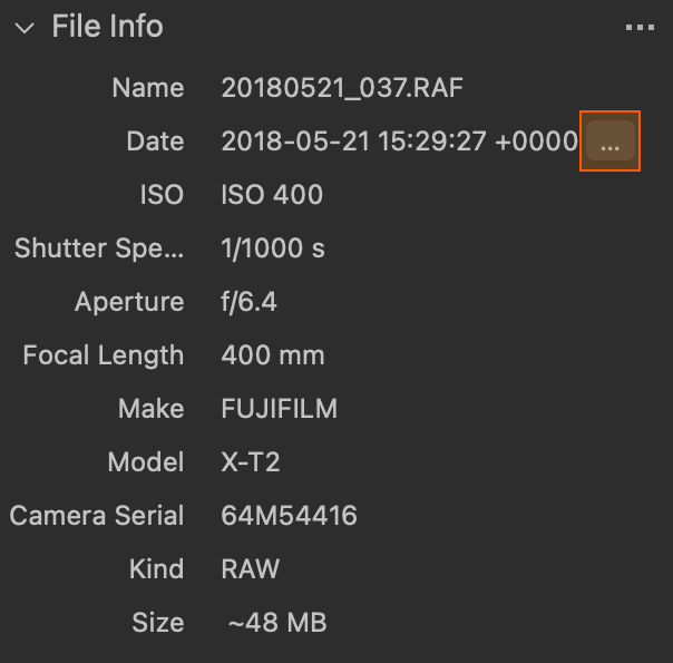 Tlačítko pro úpravu času pořízení fotografie v nástroji File Info importního dialogu a okna Cull Images