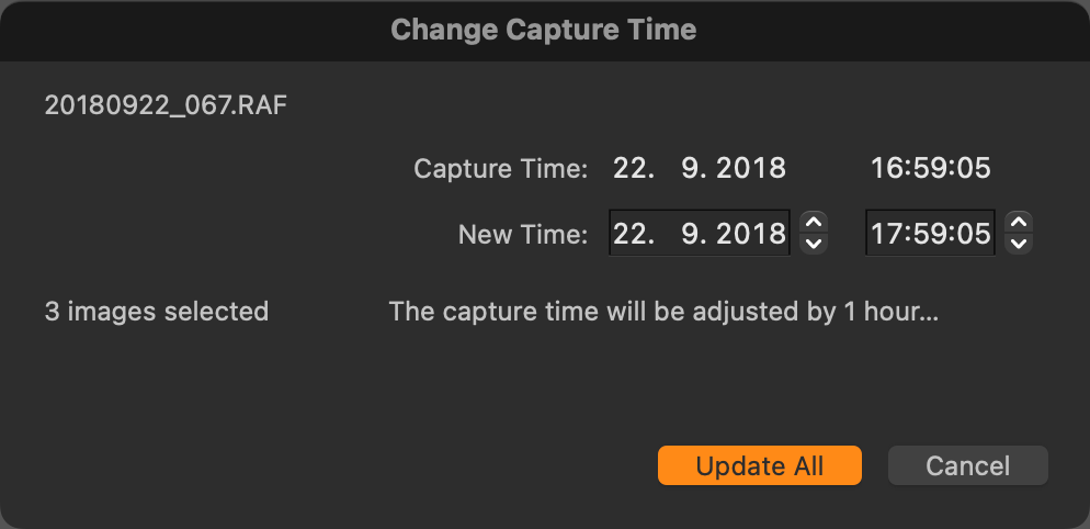 Dialog změny času pořízení fotografie – stačí jednoduše změnit datum či čas a změnu potvrdit.