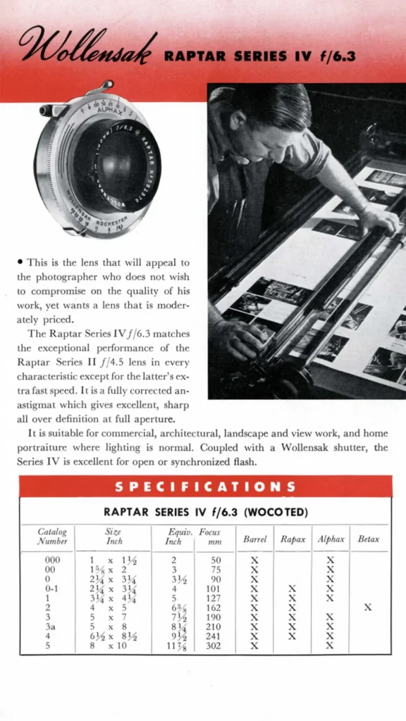 Raptar - dobový katalog Wollensak Raptar lenses for commercial photography