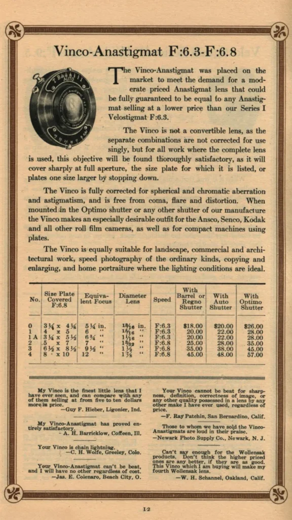 Vinco - dobový katalog Wollensak lenses & shutters