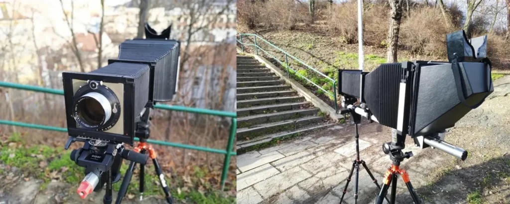 Reflexní binokulární hledáček 8x10" s přídavným 4x5" měchem a standardou